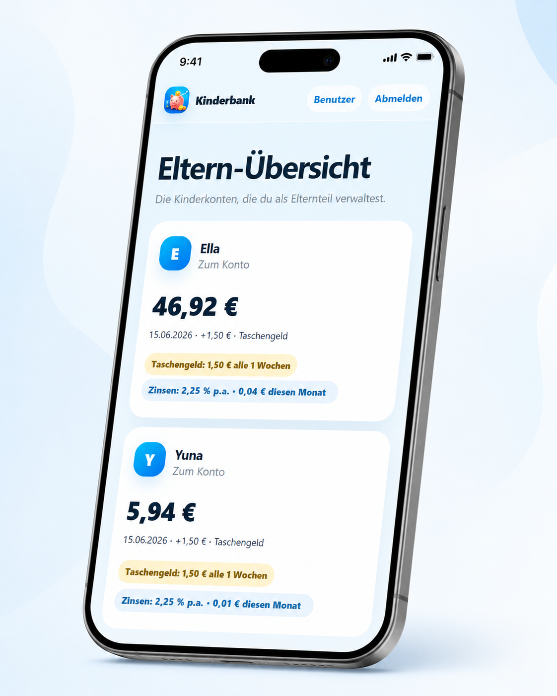 Kinderbank Elternübersicht auf einem Smartphone