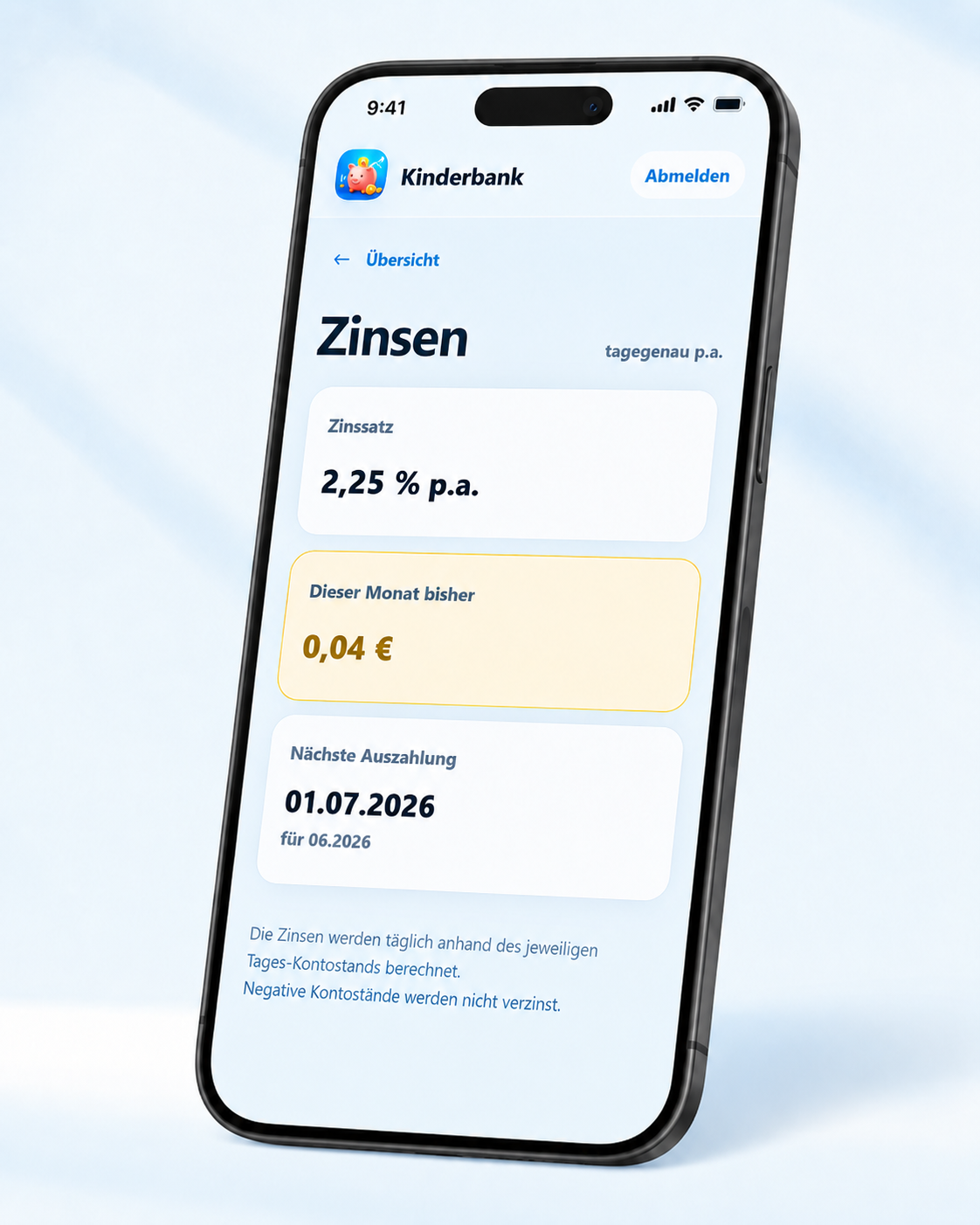 Kinderbank Zinsübersicht auf einem Smartphone